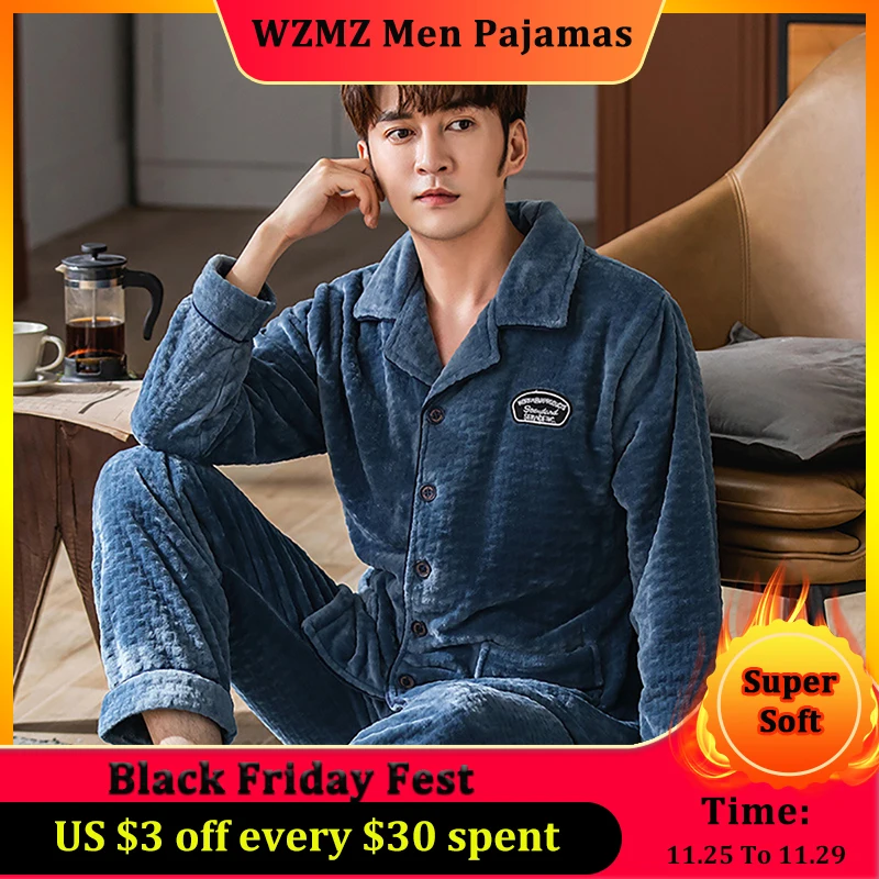 

Men's Winter Flannel Pajamas With Pants Trendyol Pajama Sets Striped Buttons Pajamas For Men Plus Size Casual Warm Thick Pijama