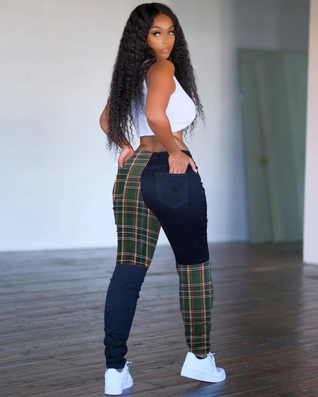 

HAOOHU Casual High Waist Splicing Plaid Pants Women Fall Sweatpants Joggers Elastic Fashion Strech Bottom Trousers Leggings