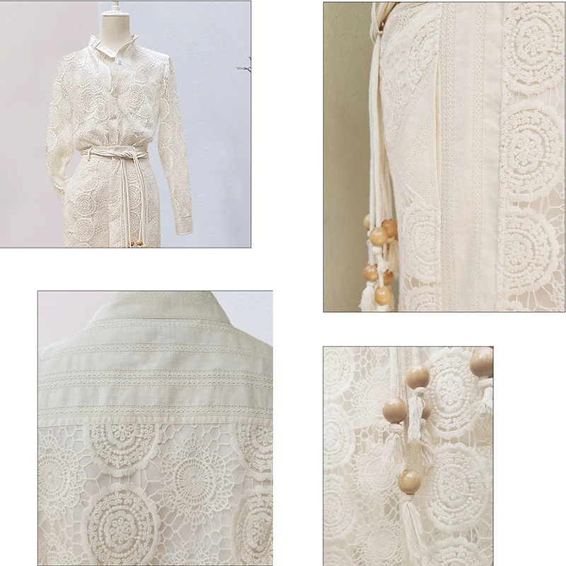 

Brand New Luxury Lace Hollow Out Design Long-Sleeved Belt Straight Breathable Jumpsuit For Ladies 2021 Summer High Street Runway