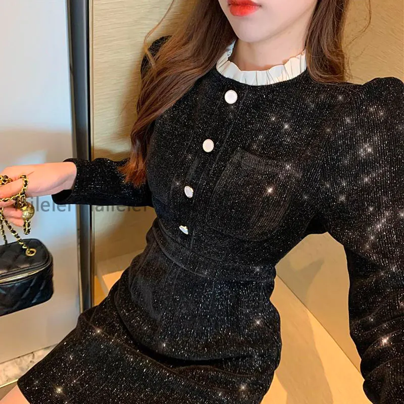 

Button Pockets lace Stand Patchwork Knitted Vestidos Cortos Puff Long Sleeve A-Line Dress Women Red Vintage Elegant Jurk 2021
