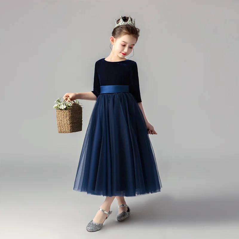 

Flower Girl's Birthday Banquet Long Sleeve Lace Dress Elegant Kid's Wedding Long White Dress Children Communion Evening Dress