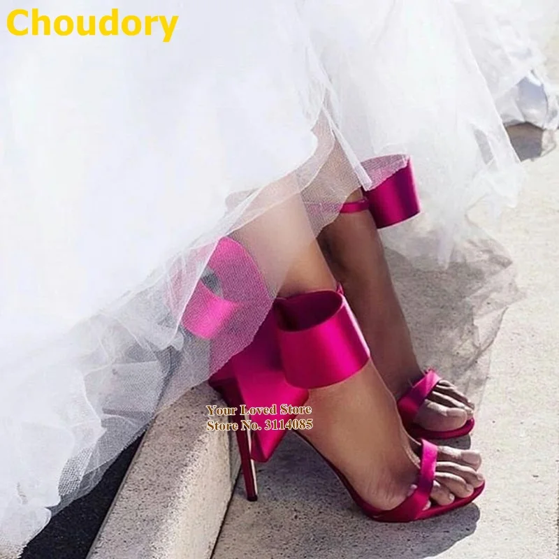 Choudory/женские атласные туфли цвета фуксии с большим бантом Свадебные на шпильке