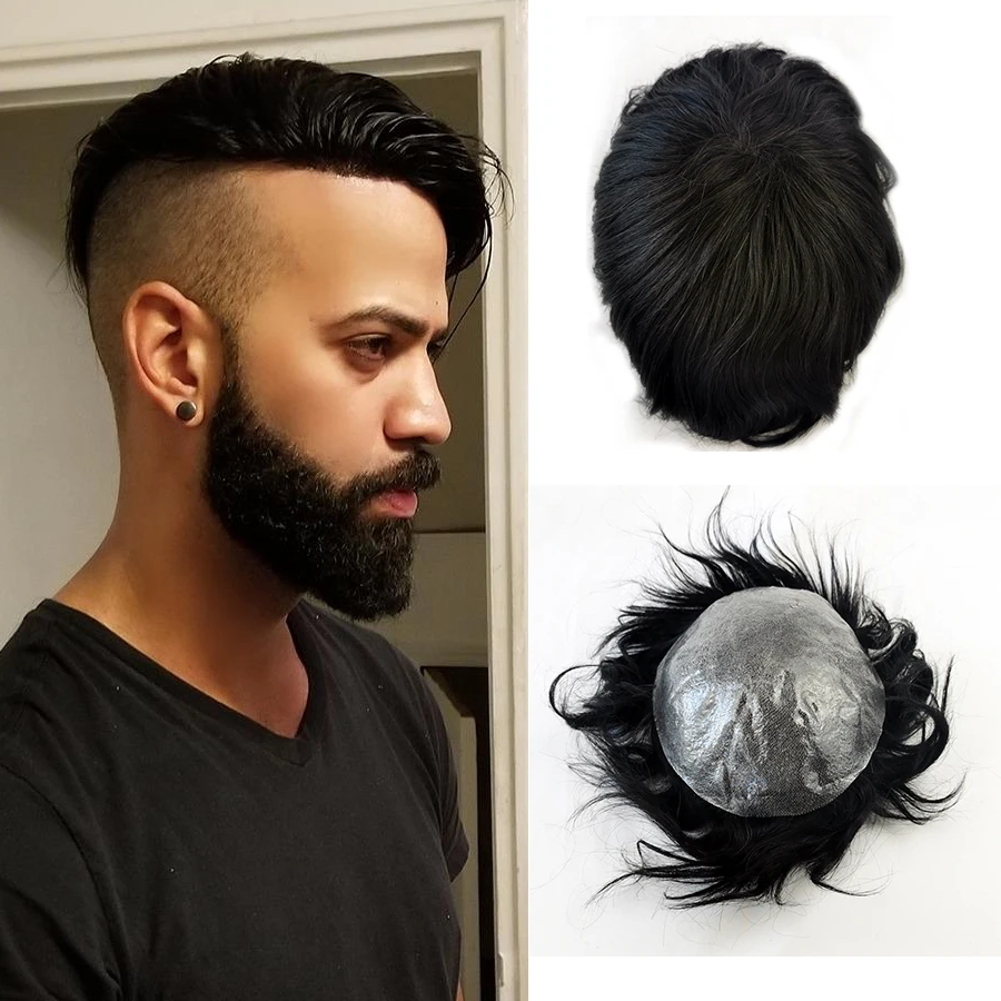 Мужской парик черные волосы 100% натуральные система волос Реми заменяет Мужские t