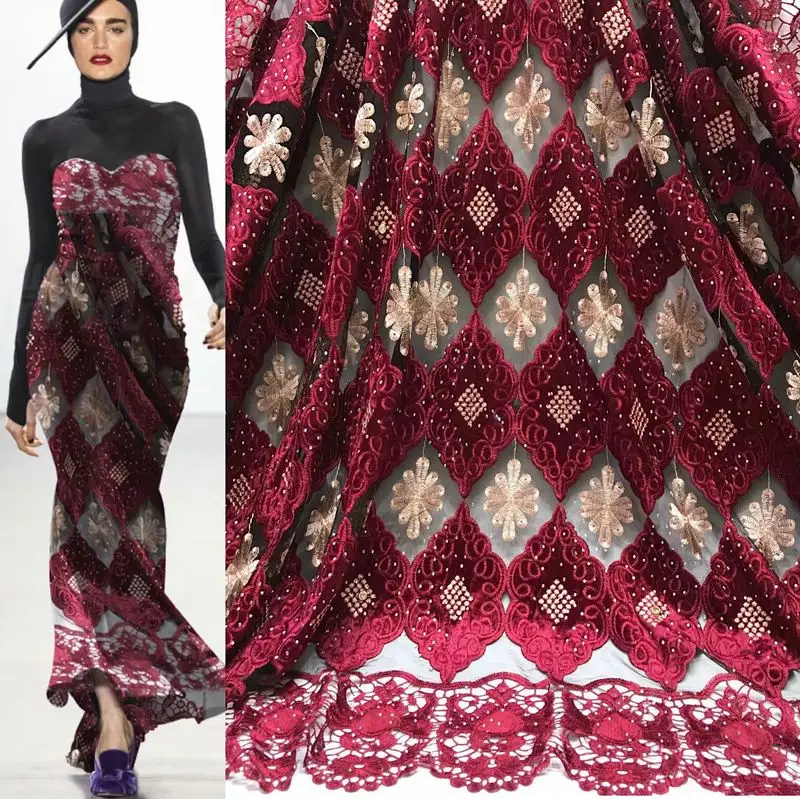 Wine Red Африканский Воск Бисероплетение Кружева 5 цветов персикового вина оранжевый 5 ярдов Бусины кружева вуаль невесты кружева вышивка цветок вечерние embroid Роскошные - Цвет: Wine Red