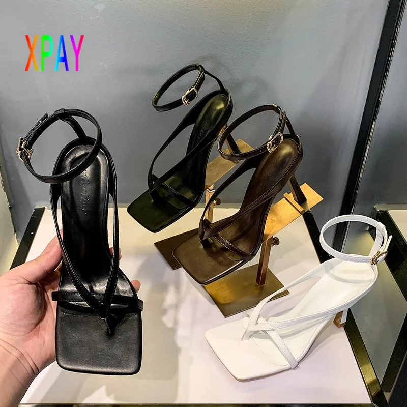 

2021 Summer New Fashion Mujer Zapatos European and American Style Buckle with Square Toe Sandals Black Stiletto High Heel Shoes