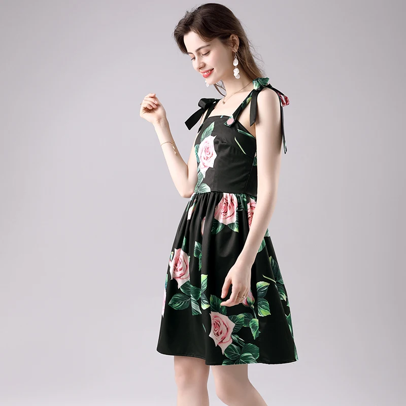 

Merchall Fashion Designer Cotton Dress Summer Women's Bow Spaghetti Strap Backless Rose Floral-Print Black Vacation Dresses