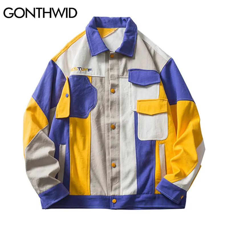 

GONTHWID Coats Streetwear Hip Hop Vintage Color Block Patchwork Multi Pockets Jackets Tops Harajuku Hispter Urban Tops Outwear