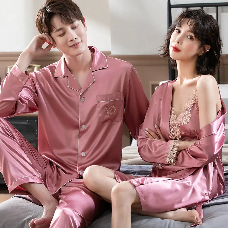 Couple Pajamas Spring and Summer Women Ice Silk Two-piece Long-sleeved Sexy Suspenders Chest Pad Robe Men's Suit Home Wear