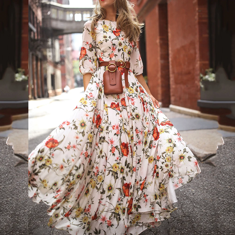 

Summer Egelant Bohemia Women Floral Long Maxi Dress O-Neck Evening Cocktail Party Beach Princess Female Dresses Sundress Hot