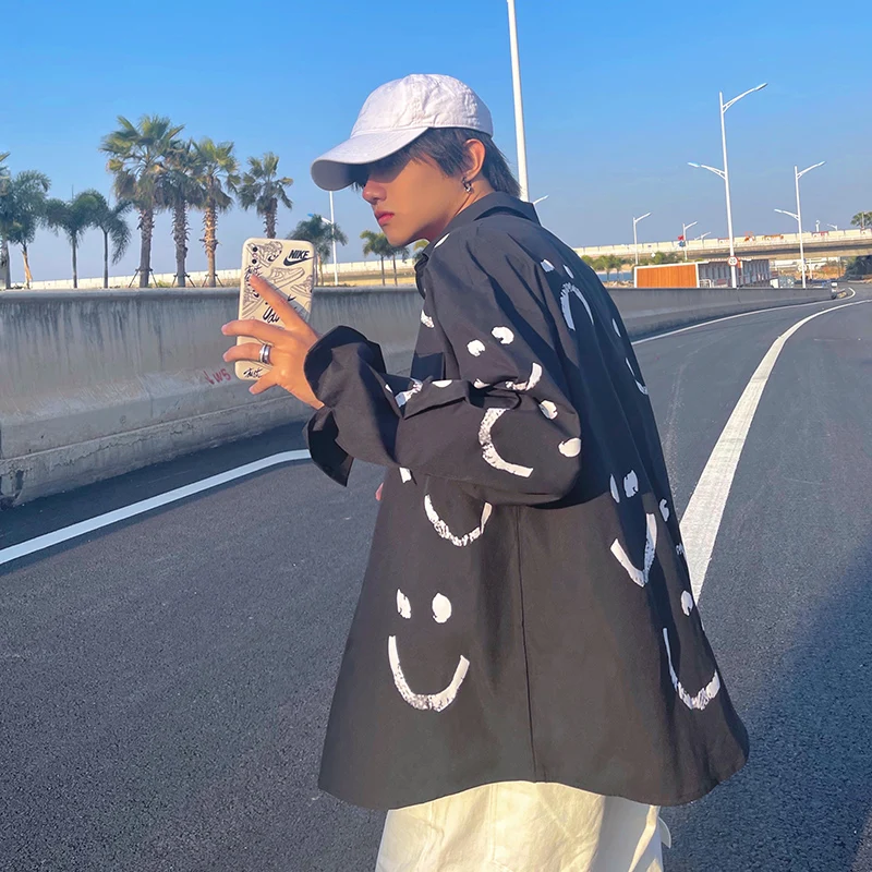 Рубашка мужская с длинным рукавом модная брендовая блуза принтом смайлика