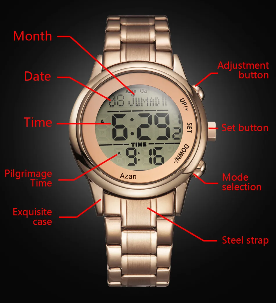 Новое поступление цифровые часы из нержавеющей стали Арабский исламский Qibla