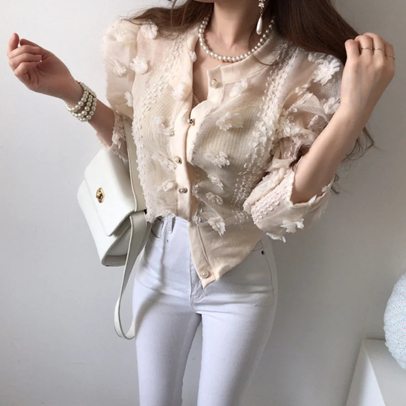 

Женский винтажный Топ с длинным рукавом, элегантный прозрачный топ с цветами и жемчугом, Новинка осени 2021
