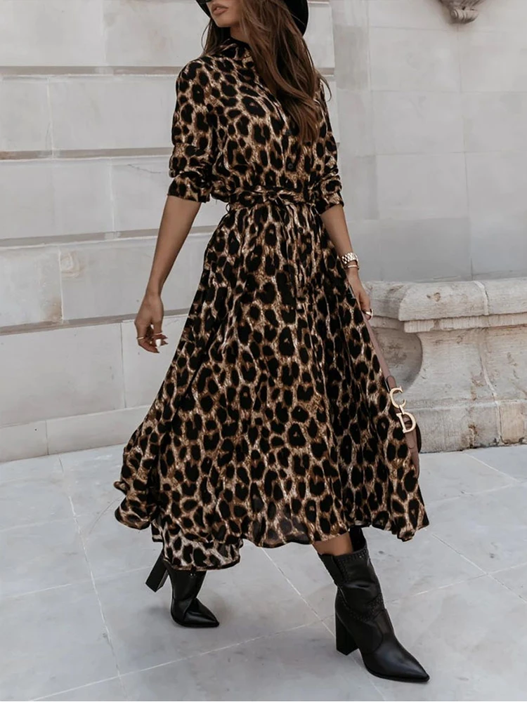 

Elegant Turn-down Collar Printing Hem Midi Dresses Women Casual Tied Detail Leopard Print Long Sleeve Slit Dress Roupas Feminina
