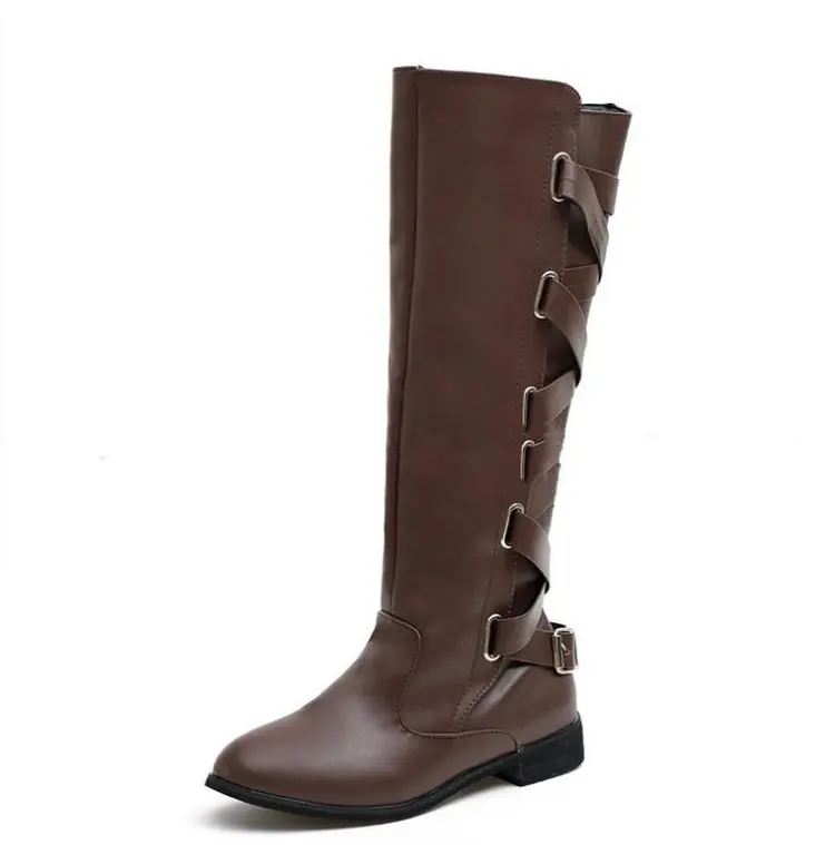 Модные женские сапоги до колена из искусственной кожи с круглым носком; botas mujer; удобные женские сапоги на квадратном каблуке; резиновая обувь в римском стиле; женские ботинки; сезон осень; - Цвет: Коричневый