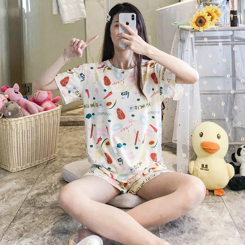 

Summer Fashion Cotton Pajamas Women Short-sleeved Shorts Two-piece Casual Loose Home Clothes Round Neck Women Pajamas Cartoon