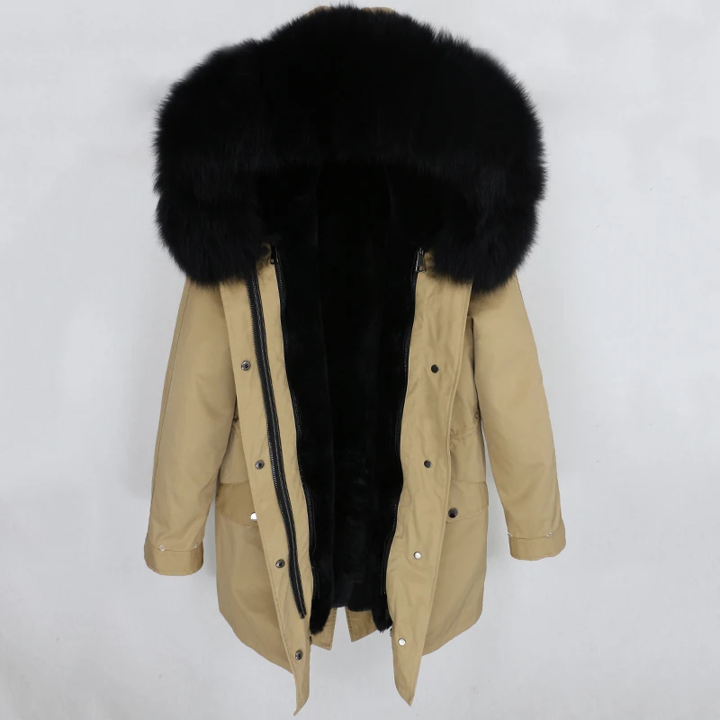 beige black OFTBUY зимняя куртка Женская водонепроницаемая куртка из натурального меха длинная парка натуральный Лисий меховой капюшон, воротник верхняя одежда уличная Роскошная - Цвет: beige black