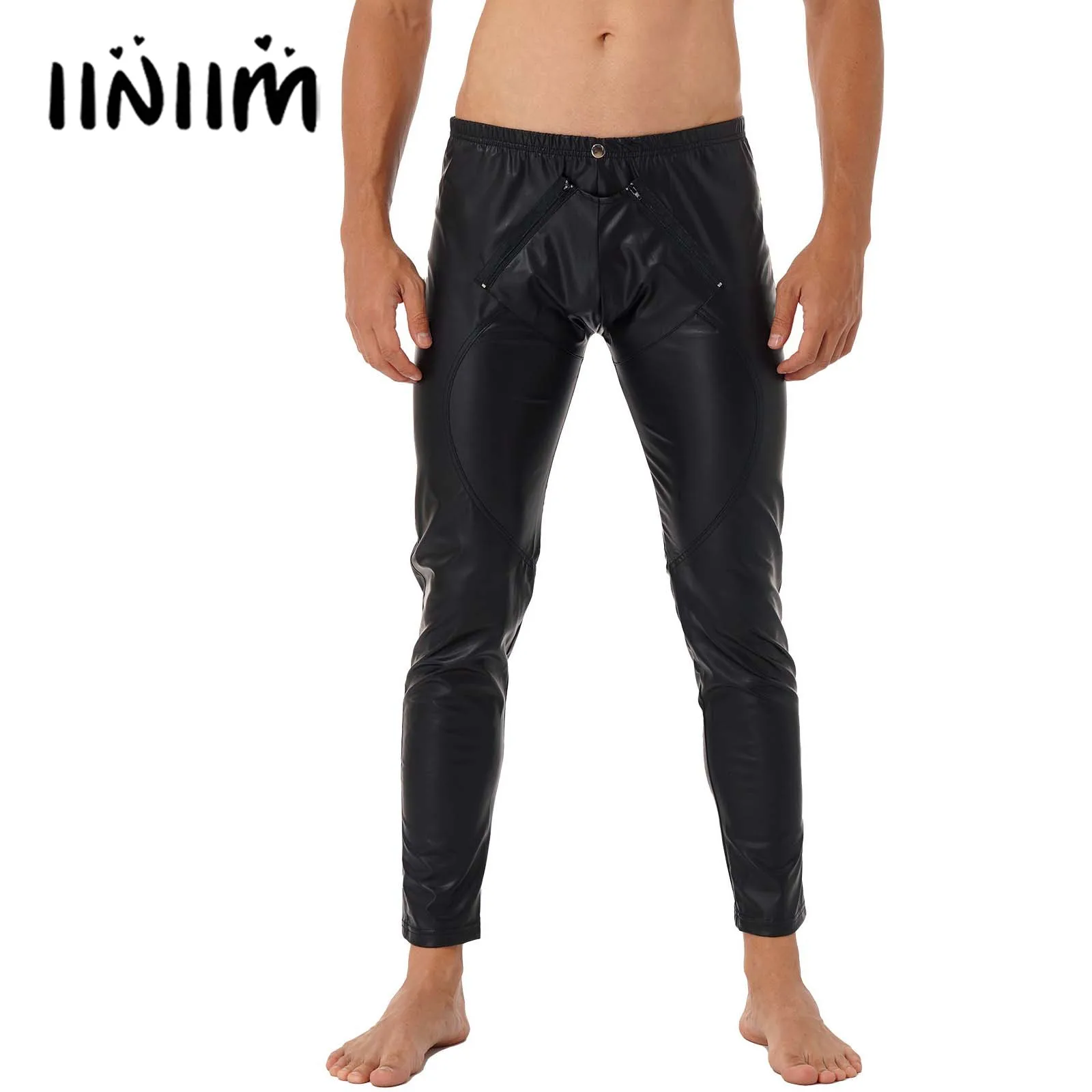 

Mens Faux Leather Leggings Elastic Waistband Skinny Pants Zipper Front Trousers Stage Performance Pole Dance Rave Bar Clubwear