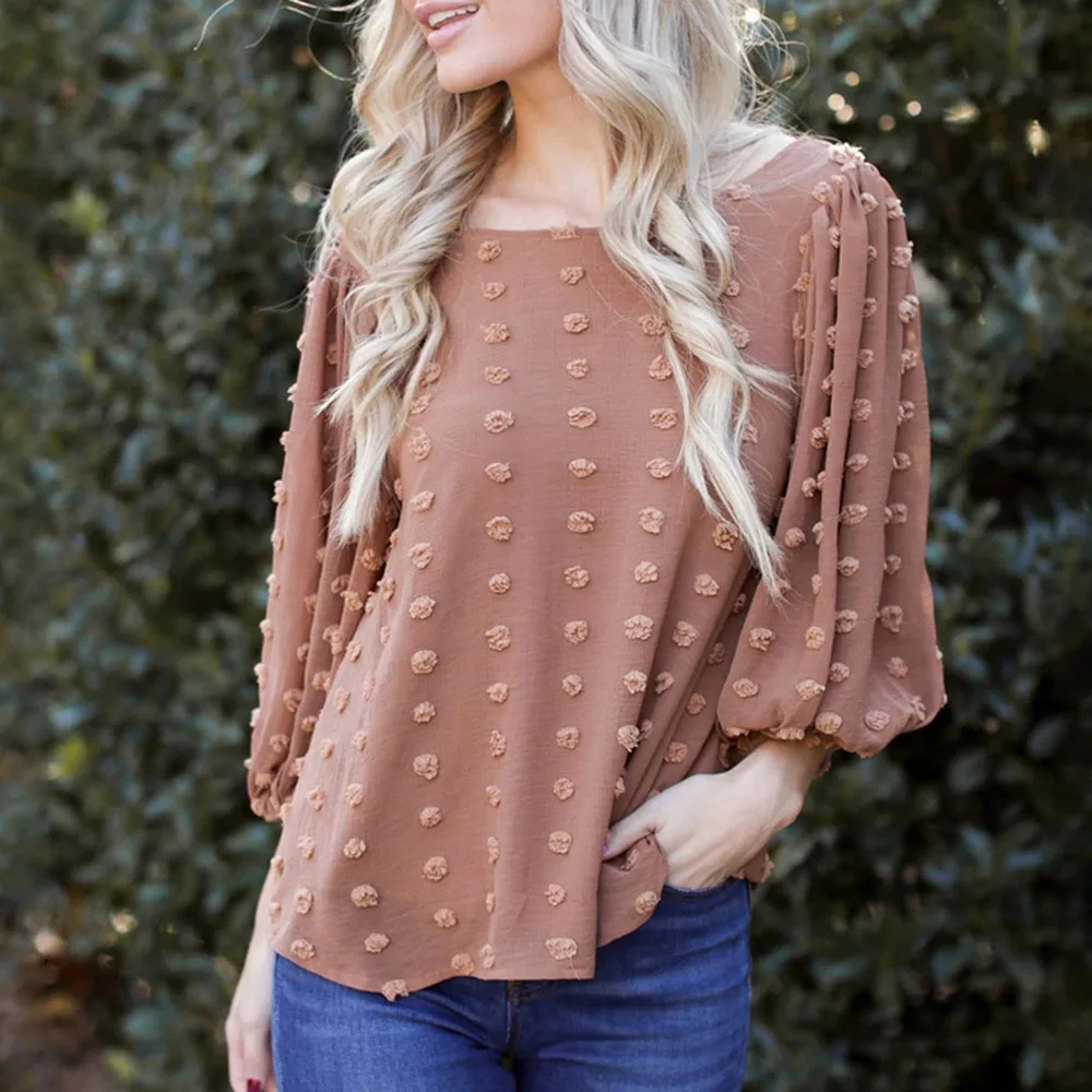 

Western Style Fashion Casual Blouse Loose Temperament Simple Designer Chiffon Solid Color Round Neck Long Sleeve 2021