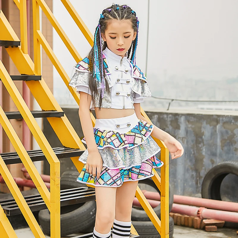 

New Children'S Jazz Dance Costumes Girls Silver Personality HipHop Set Kids Model Competition Catwalk Show Clothes 120-160