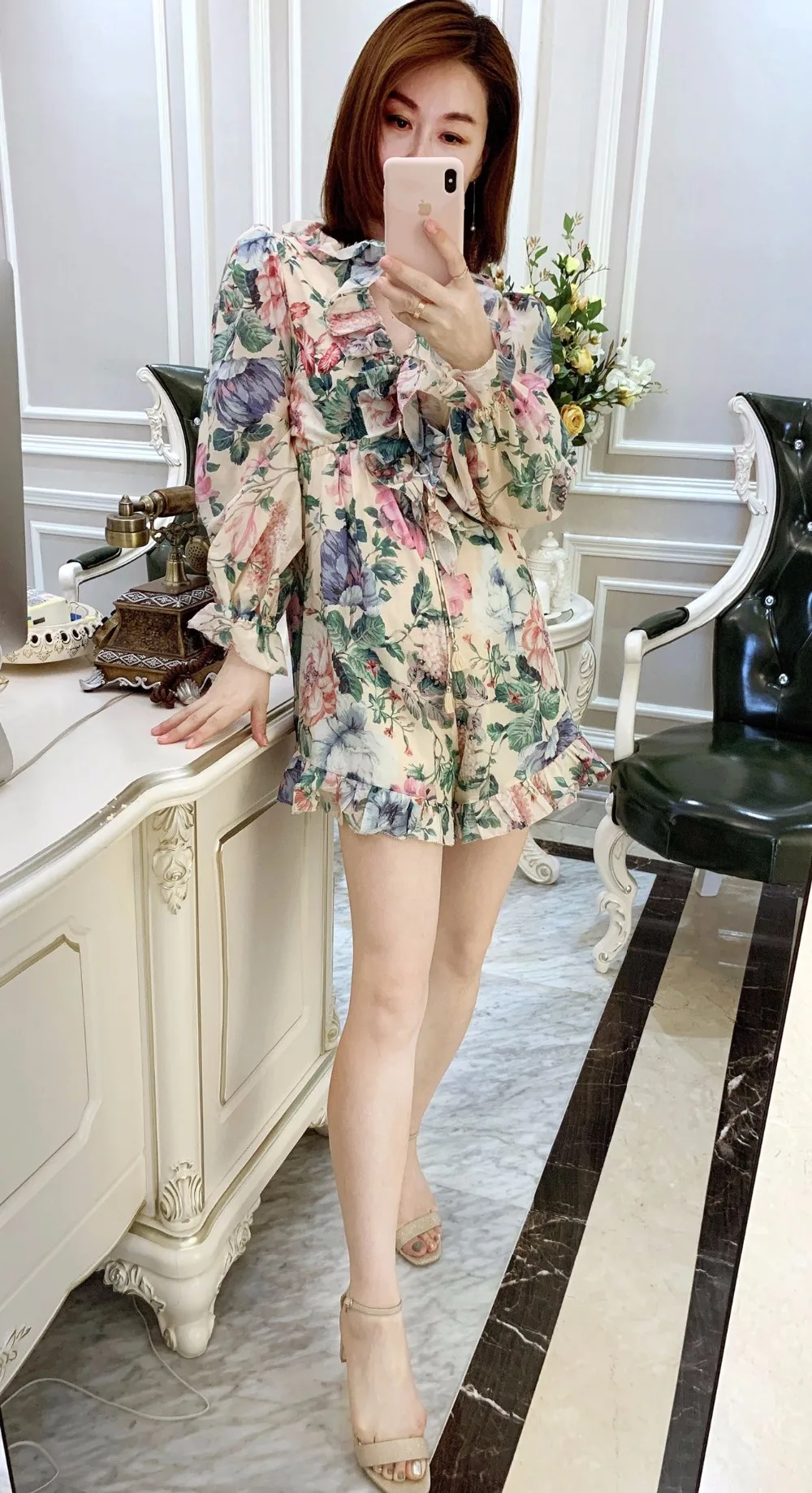 Women's New Summer Linen+ Silk Printing V-neck Long Sleeve Lacing Ruffle Fashion Playsuits
