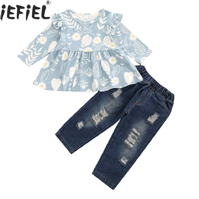 

Toddler Kids Baby Girl Clothes Sets Flower Print Long Sleeve Ruffles Tops Ripped Jeans Pants 2PCS Set For 1-5Years Girls