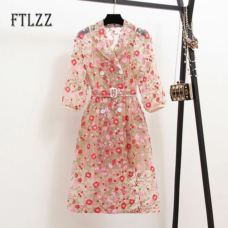 Женский тренчкот с цветочной вышивкой винтажная верхняя одежда Женская газовая