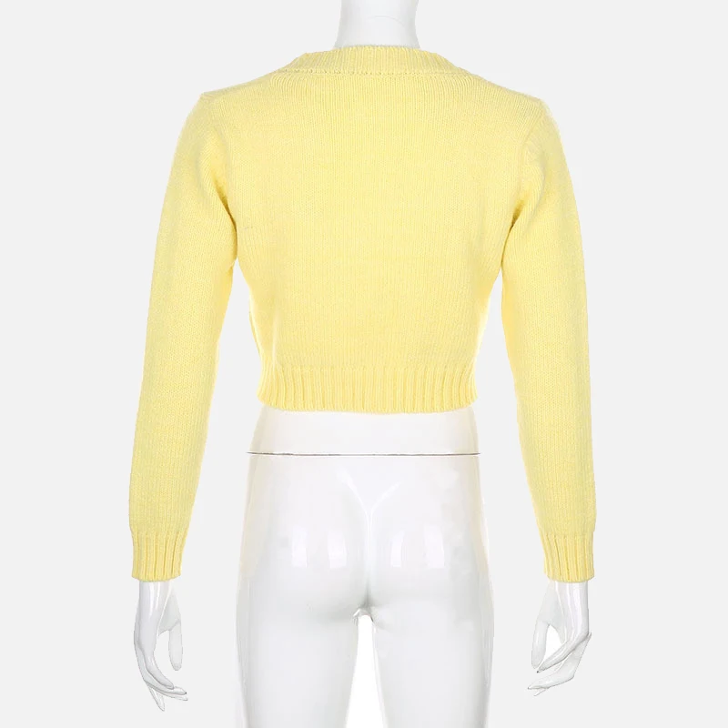

Autumn Yellow Knitted Short Women's Sweater Long Sleeve V-Neck Single Breasted Female Cardigans Korean Solid Slim Lady Clothes