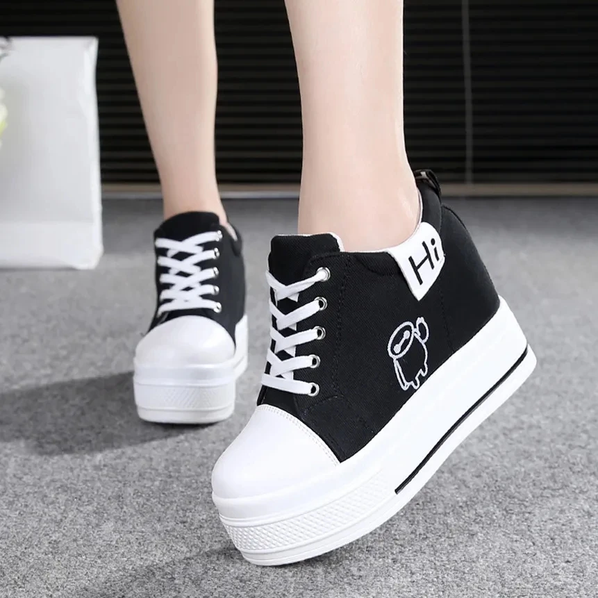 

Wedges Canvas Shoes Woman Platform Vulcanized Shoes Hidden Heel Height Increasing Casual Sneakers Female Chaussure Femme White