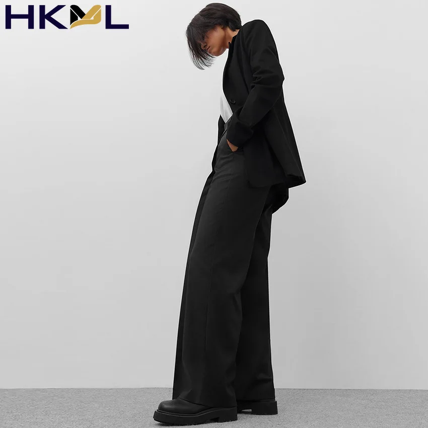 

Straight Solid Black Trousers Women Office Work Pleated Pants Autumn Winter 2021 Twill High Waist Trousers Female