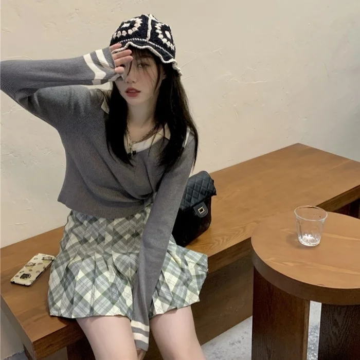 Осень 2021 воротник поло в стиле пэчворк имитация двух частей шерстяной свитер