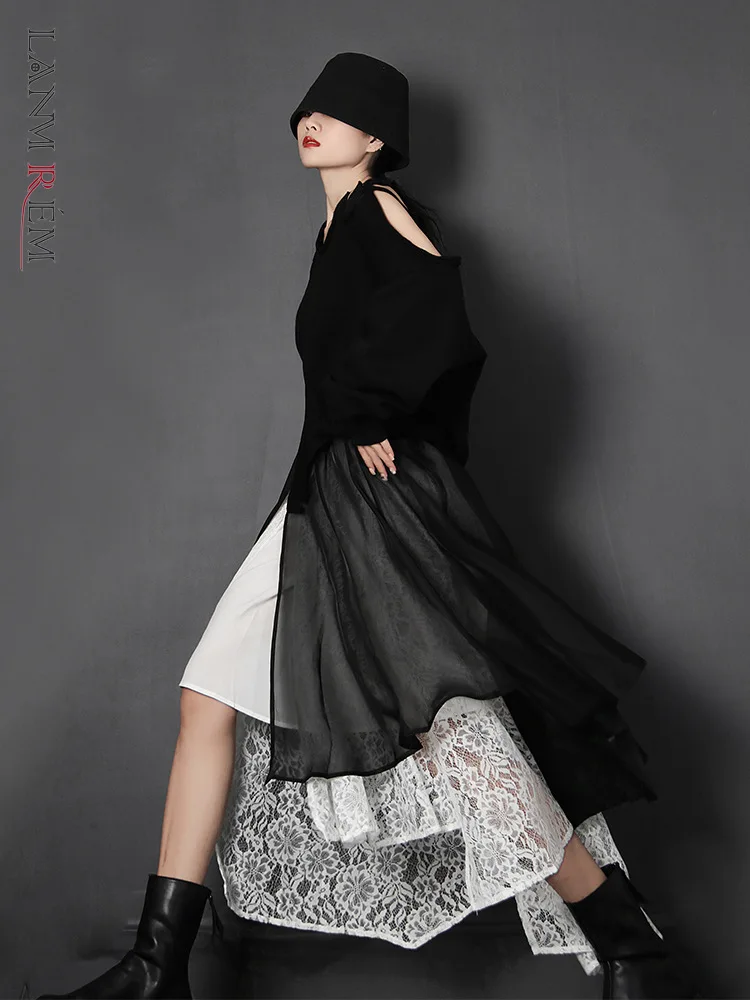

LANMREM Irregular Lace Skirt Multi-layer Gauze Fluffy Big Swing Patchwork Contrast Color High Waist Skirts Woman Fashion 2C2255