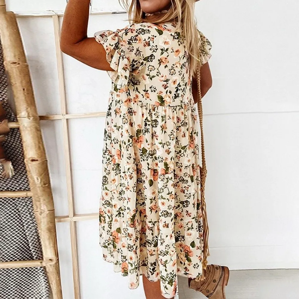 

Summer Women's Casual Floral Print Dress 2021 Boho Short Sleeve Woman Fashion Female Loose Ruffles Mini Dresses For Robe Femme