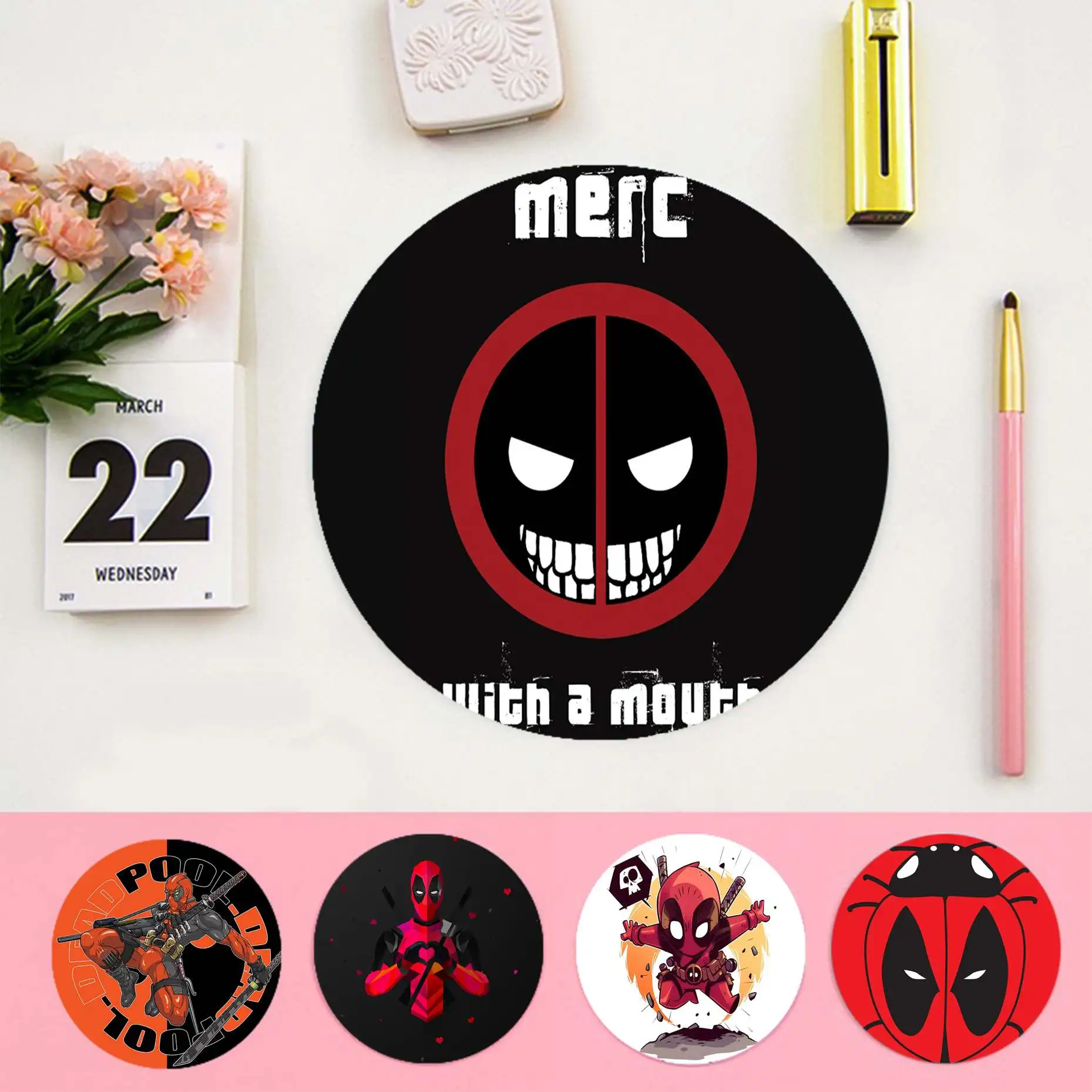 

Hot Sales Disney Anime DeadPool Cute Pattern Laptop Computer round desk pads Mousepad gaming Mousepad Rug For PC Laptop Notebook