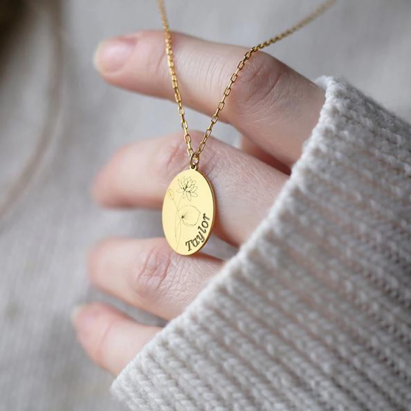 

Minimalist Engravable Large Oval Necklace Engraved Birth Flower Name Zodiac Constellation Oval Coin Necklace Birthday Gift