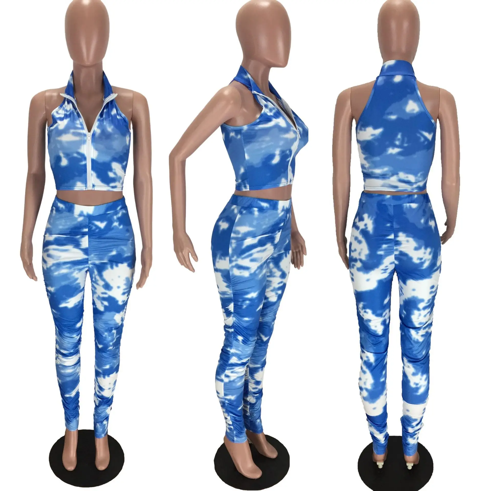 

New fashion tie dye print sexy two piece set slim V-neck sleeveless zipper vest and trousers women's set