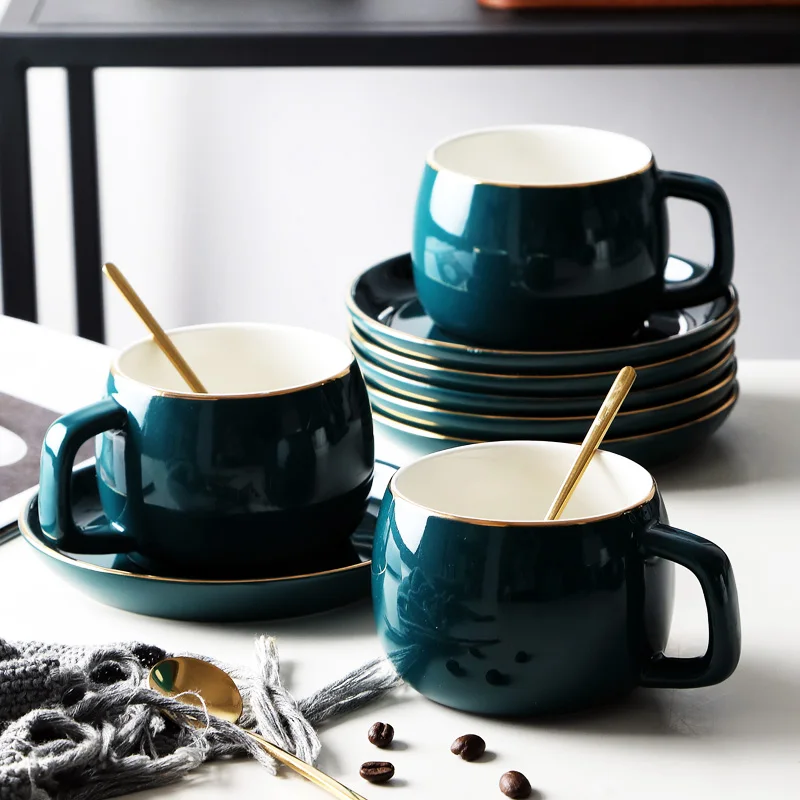 Керамическая чайная чашка MUZITY блюдца фарфоровая зеленая кофейная с ложкой из