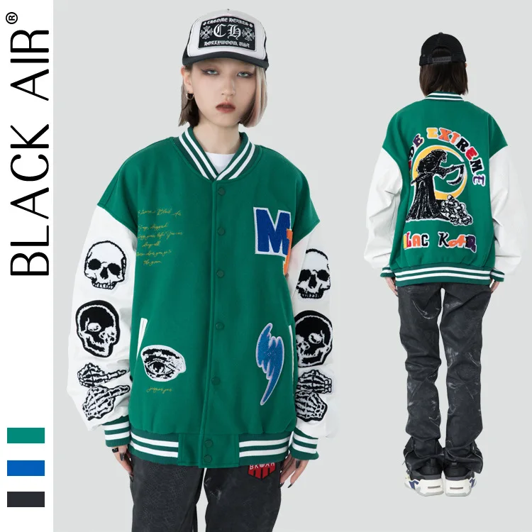 

2021 Autumn & Winter New Rock Jacket Jacket Armband Color Matching Street Retro Men's Baseball Uniform Couple Jacket M-2XL