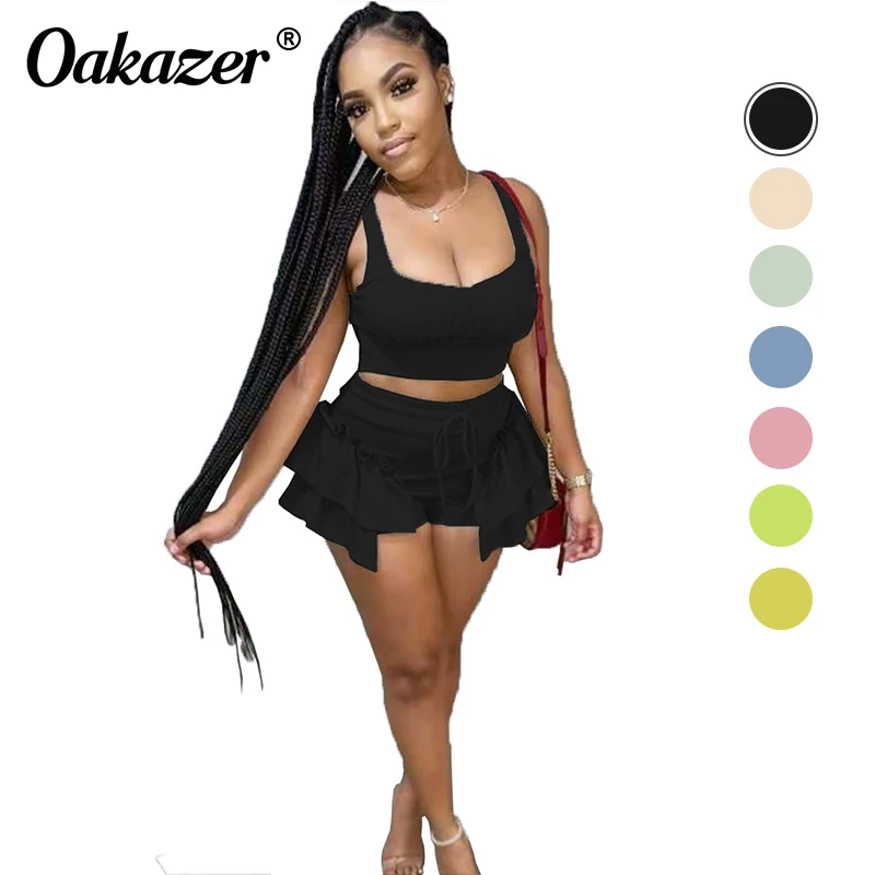 

OAKAZER New Women Summer 2 Piece Sets Sexy Ruffles Shorts and Crop Top Fashion Club Vacation Comfortable Female Outfits 2021