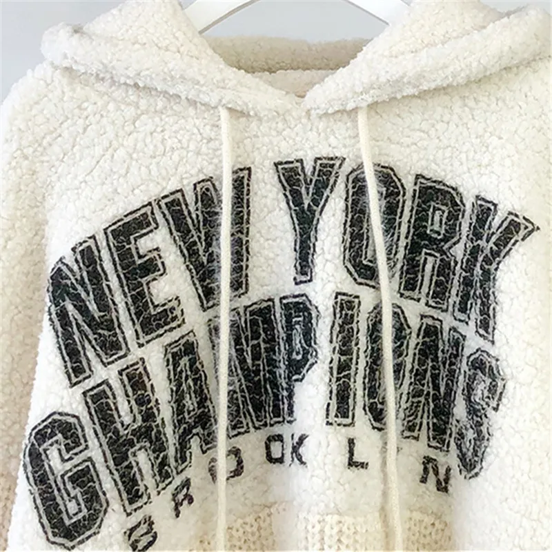 

Knitted Sweatshirt Women Fashion Print Hoodies Autumn Winter Thick Warm Long Sleeve Pullover Female Loose Hooded Sweatshirts