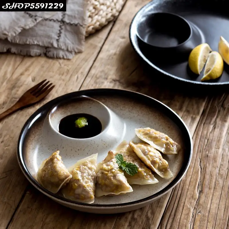 

Japanese Ceramic Household Restaurant Dumpling Plate with Vinegar Dish Simple Round Seafood Sushi Ramen Dish Kitchen Tableware