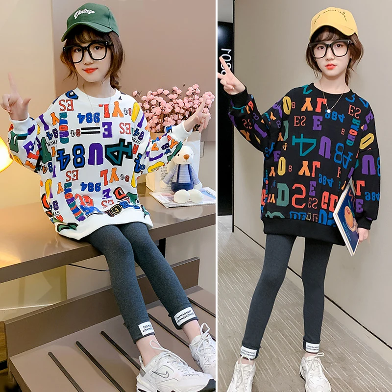 

Little Girls Spring Autumn O-Neck Fashion Classic Children's Letter Sweater Halloween Two Piece Suit School Style Kids Clothes
