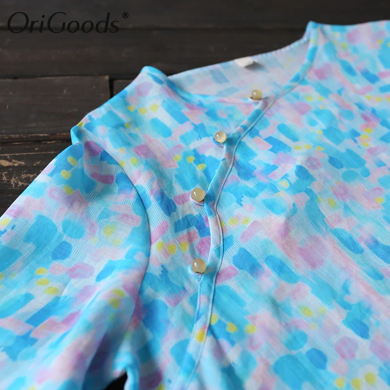 

OriGoods Chinese style Long Blouse Women Blue Print Summer Long Shirt Blouse Ramie Quality Original Blouse For Women Tops A558