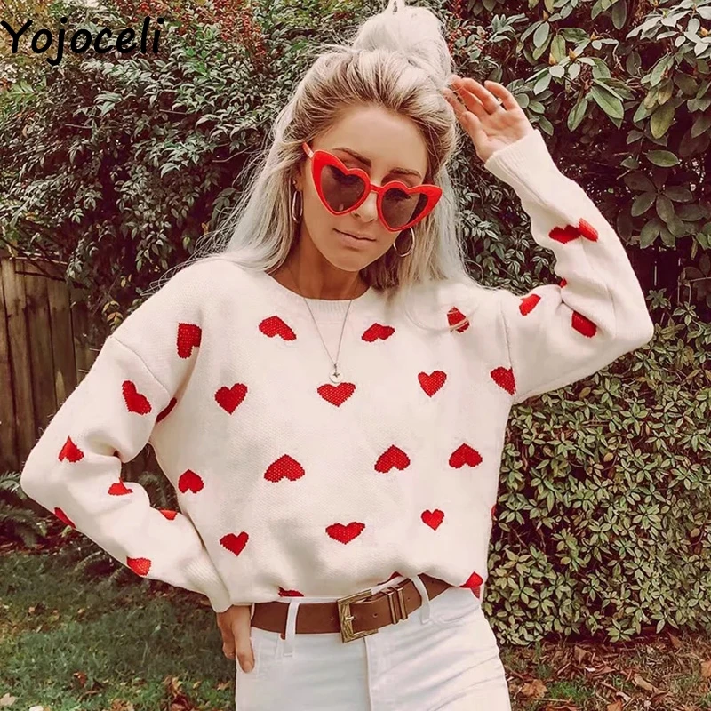 Yojoceli Sexy heart knitted sweater women Autumn winter warm jumper female Casual cute knitting pullover top | Женская одежда