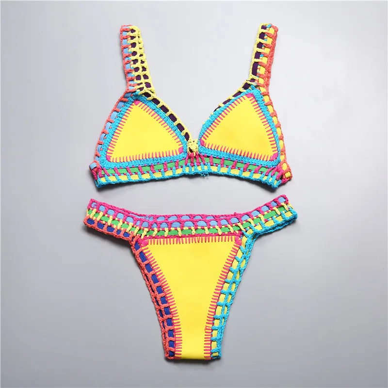 

Bikini Women Handmade Crochet Knit Swimwear Halter Patchwork Bikini Bathing Suit Swimsuit Biquini Thong