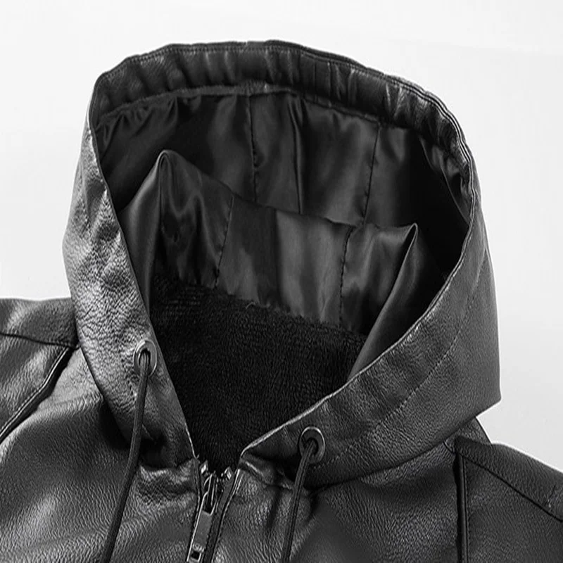 

New Casual Motorcycle Leather Jacket Men Hooded PU Leather Jacket Zipper Male Outerwear Jaqueta De Couro Masculina
