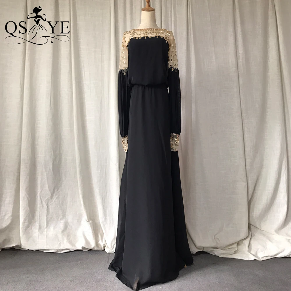 Дешевое элегантное черное платье для выпускного вечера с длинными рукавами и