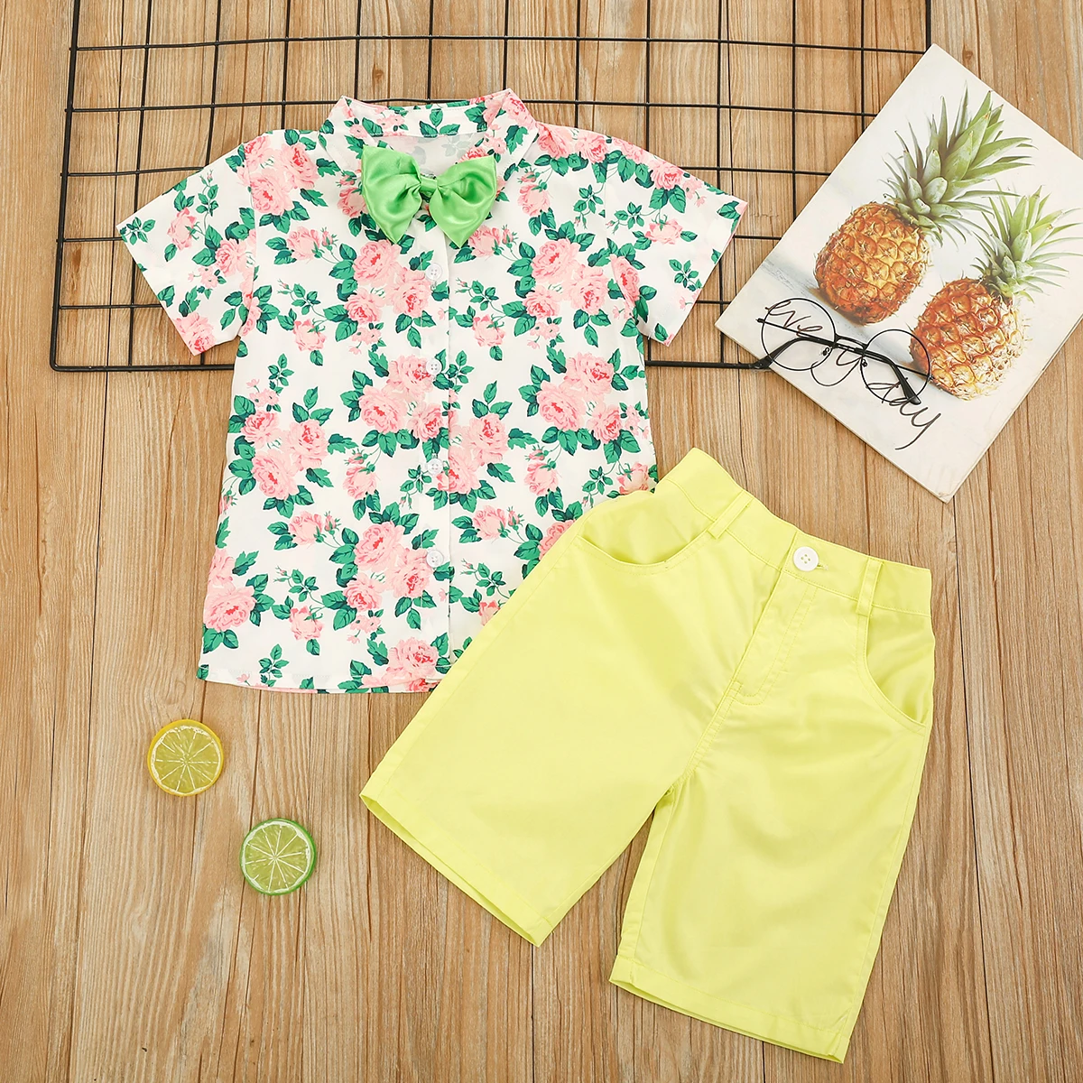 

2-7Y Summer Gentleman Infant Baby Boys Clothes Sets Flowers Print Short Sleeve Shirts Bow Tie Shorts Kids Outfit Costume Clothes