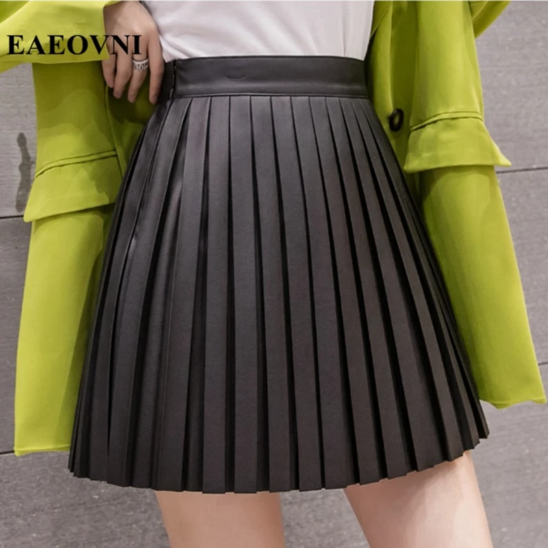 

Casual Summer Black Mini Skirt 2021 Sexy High Waist Pleated Skirts Women Korean Clothe Fashion School Uniform Pu Short Y2k Skirt