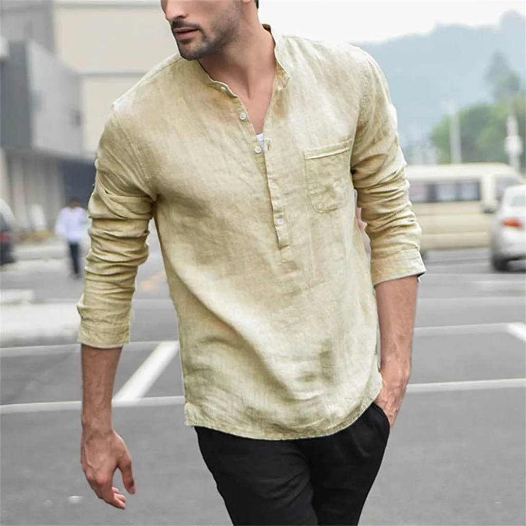 

blusa Men Pure Color Shirt Casual Button Linen Solid Long Sleeve Retro Shirts Tops Blouse Shirt Men clothes camisas masculina