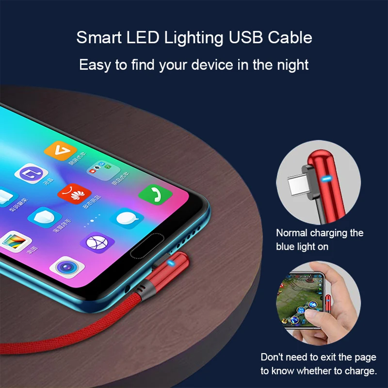 Светодиодный кабель usb type C на 90 градусов для iPhone Micro Quick Charge USB-C кабель для Xiaomi Redmi Note 7 для samsung S10 A50 Tipe-C